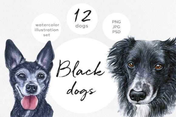 Black Dogs. Watercolor 12 Dogs Set: A Practical Evaluation for Designers